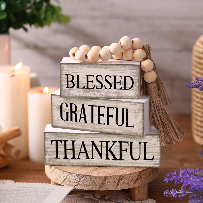 Yuntau 4 Pcs Farmhouse Wooden Tabletop Decor Neutral Farmhouse Tiered Tray Decor Rustic Retro Wood Bead Garland Blessed Grateful Thankful Block Sign Centerpiece for Coffee Home Office Shelf Mantle Table - Image 2