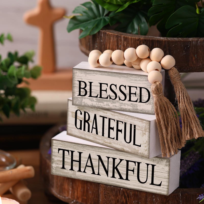 Yuntau 4 Pcs Farmhouse Wooden Tabletop Decor Neutral Farmhouse Tiered Tray Decor Rustic Retro Wood Bead Garland Blessed Grateful Thankful Block Sign Centerpiece for Coffee Home Office Shelf Mantle Table - Image 3