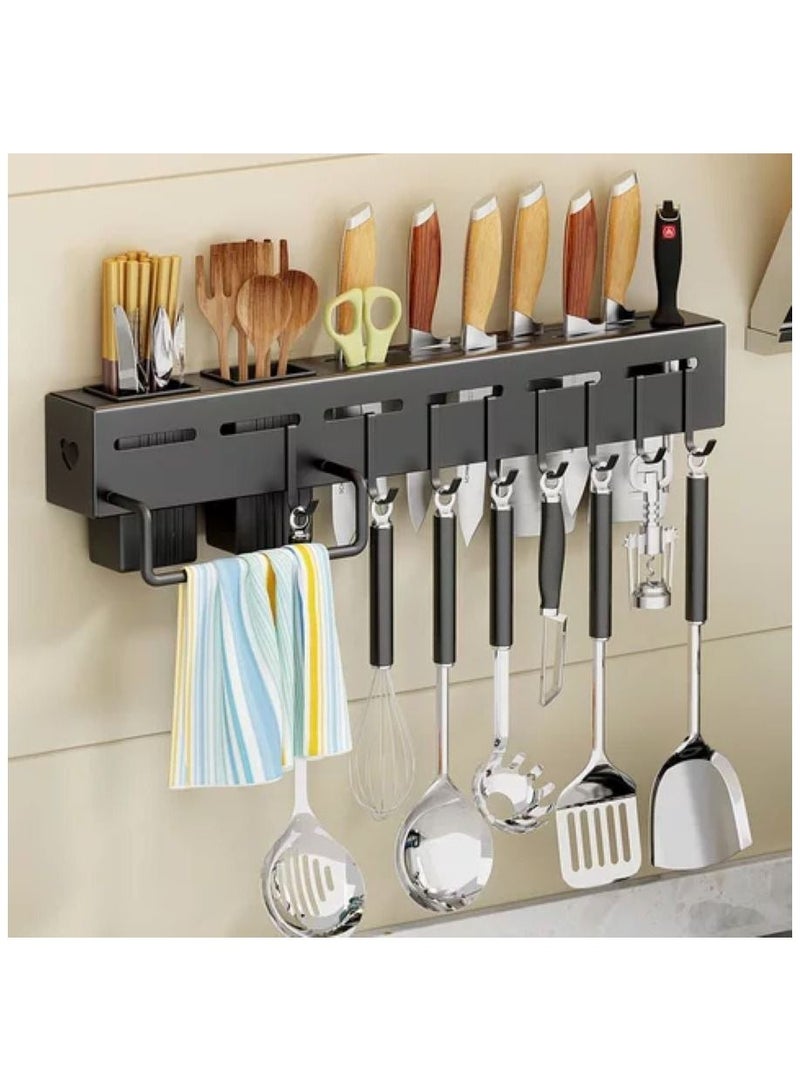 Kitchen Knife Rack, Glue Installation Spoon Organizer, Black Stainless-Steel Heavy Duty Wall Mounted Cutlery Organizer with towel rack and 8 hooks. - Image 1