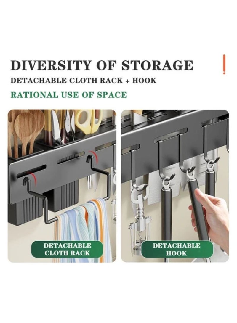 Kitchen Knife Rack, Glue Installation Spoon Organizer, Black Stainless-Steel Heavy Duty Wall Mounted Cutlery Organizer with towel rack and 8 hooks. - Image 3