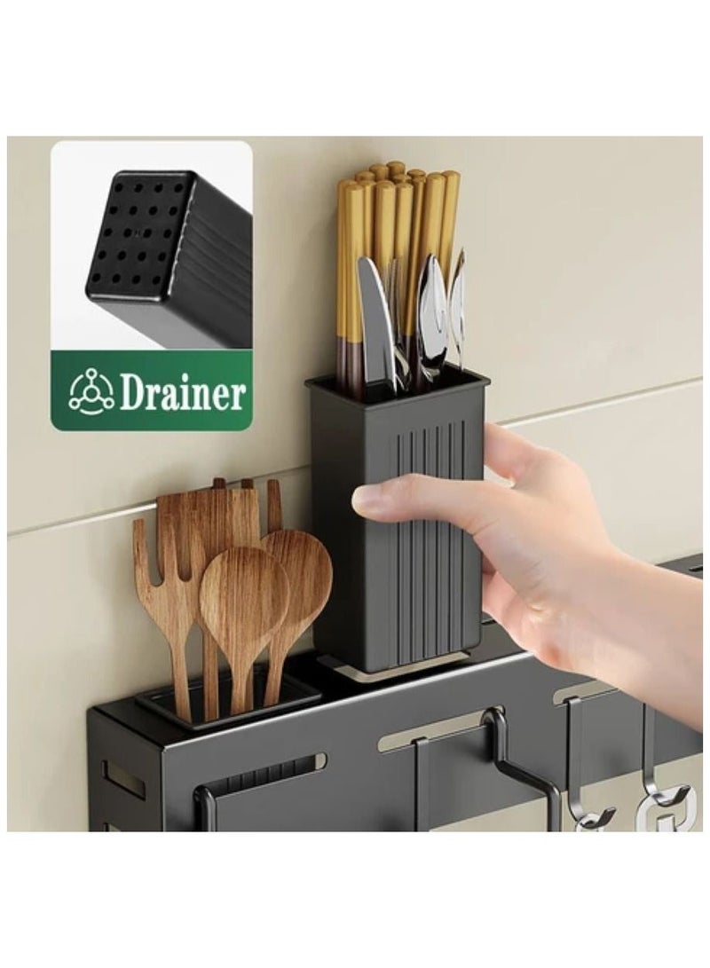 Kitchen Knife Rack, Glue Installation Spoon Organizer, Black Stainless-Steel Heavy Duty Wall Mounted Cutlery Organizer with towel rack and 8 hooks. - Image 4