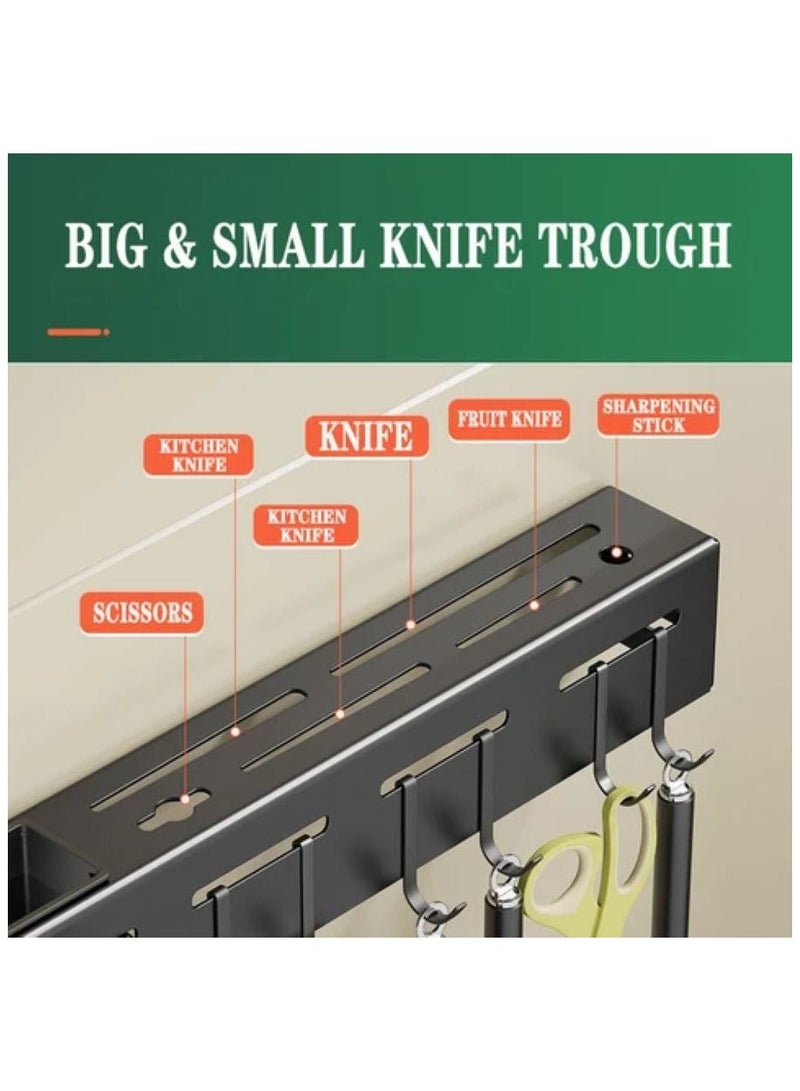 Kitchen Knife Rack, Glue Installation Spoon Organizer, Black Stainless-Steel Heavy Duty Wall Mounted Cutlery Organizer with towel rack and 8 hooks. - Image 2