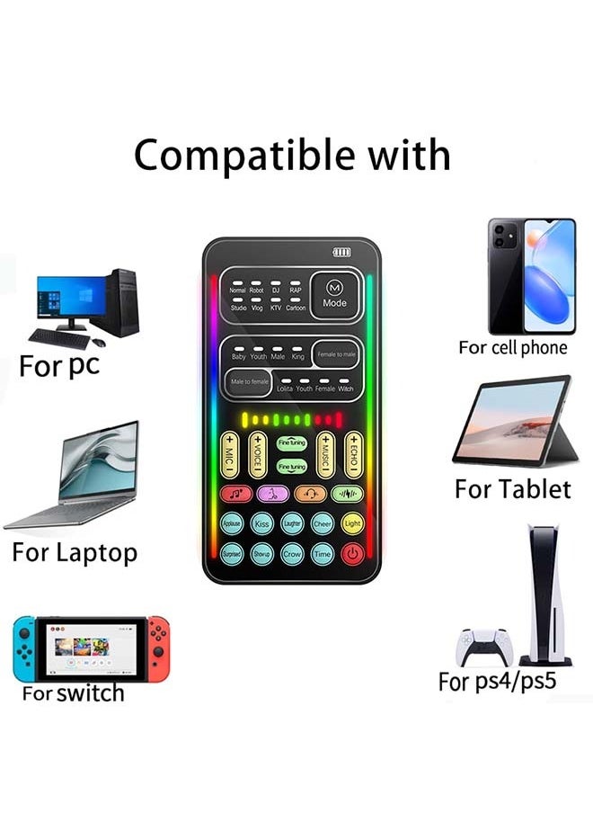 Mini Sound Card & Voice Changer for Live Streaming, Gaming & KTV – Mobile/PC Compatible | 16 Voice Modes, 8 Sound Effects, 10 Electro-Vocal Styles | Cool LED Lighting | 3-Device Connectivity | Professional Live Streaming Adjustments