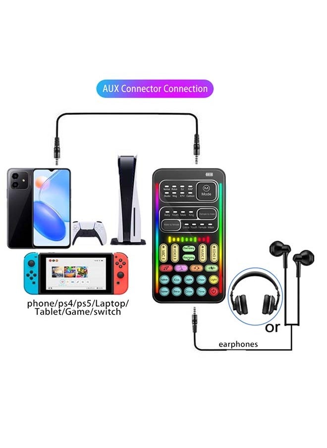 Mini Sound Card & Voice Changer for Live Streaming, Gaming & KTV – Mobile/PC Compatible | 16 Voice Modes, 8 Sound Effects, 10 Electro-Vocal Styles | Cool LED Lighting | 3-Device Connectivity | Professional Live Streaming Adjustments
