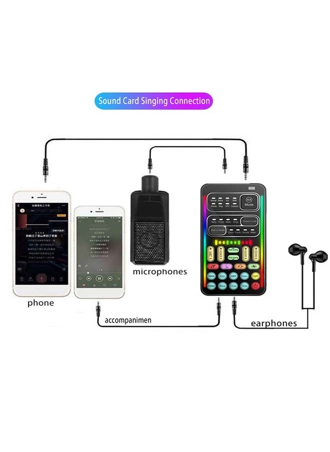 Mini Sound Card & Voice Changer for Live Streaming, Gaming & KTV – Mobile/PC Compatible | 16 Voice Modes, 8 Sound Effects, 10 Electro-Vocal Styles | Cool LED Lighting | 3-Device Connectivity | Professional Live Streaming Adjustments