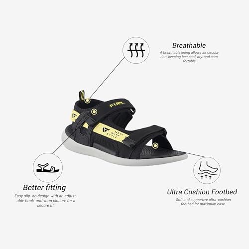 FUEL Power-02 All Day Comfort Men's Breathable Sports Sandals in Adjustable Velcro Straps with Ultra Cushioned Footbed & Lightweight EVA Sole (9UK,Black-Yellow) - Image 3
