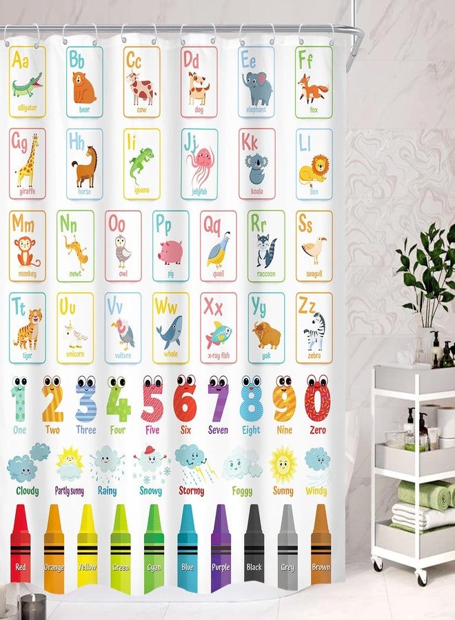 Cinbloo Alphabet ABC Kids Shower Curtain 60Wx72H Children Cartoon Cute Animal Colorful Educational Bathroom Curtain Set Number Learning Bath Curtain Fabric Baby Girls Boys Bathroom Decor with 12 Hooks - Image 1