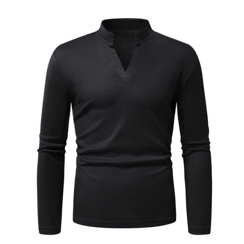 Men'S T-Shirt European Size Retro Solid Color Henley Collar Men'S Long Sleeve T-Shirt Top - Image 3