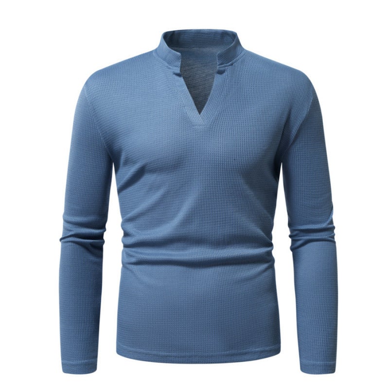 Men'S T-Shirt European Size Retro Solid Color Henley Collar Men'S Long Sleeve T-Shirt Top - Image 5