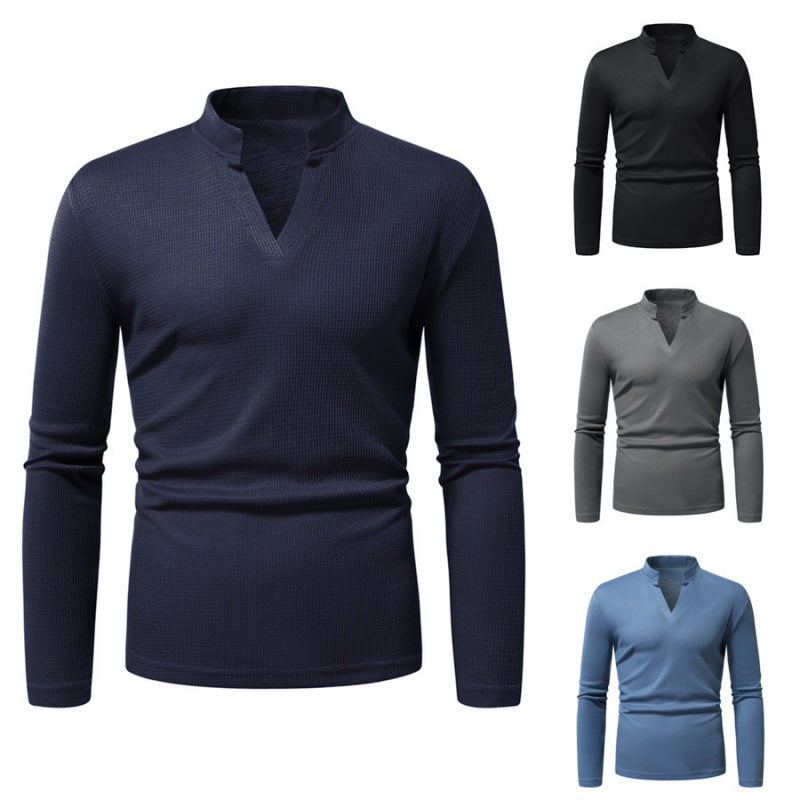 Men'S T-Shirt European Size Retro Solid Color Henley Collar Men'S Long Sleeve T-Shirt Top - Image 2