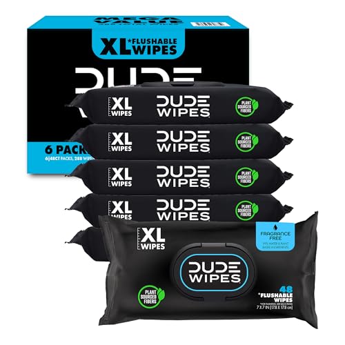 Dude Wipes - Flushable Wipes Unscented - (6 Pack) 288 Count - Extra Large - Flushable - Vitamin-E & Aloe - Septic and Sewer Safe - Image 1