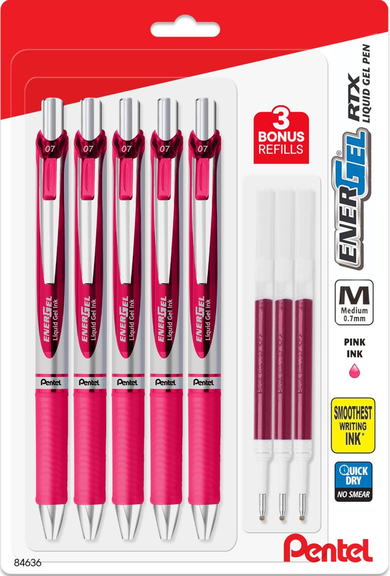 Pentel Energel 0.7 mm Liquid Gel Ink Pens - Pink Ink - Pack of 5 Deluxe RTX Pens with 3 Pink Refills - Image 1