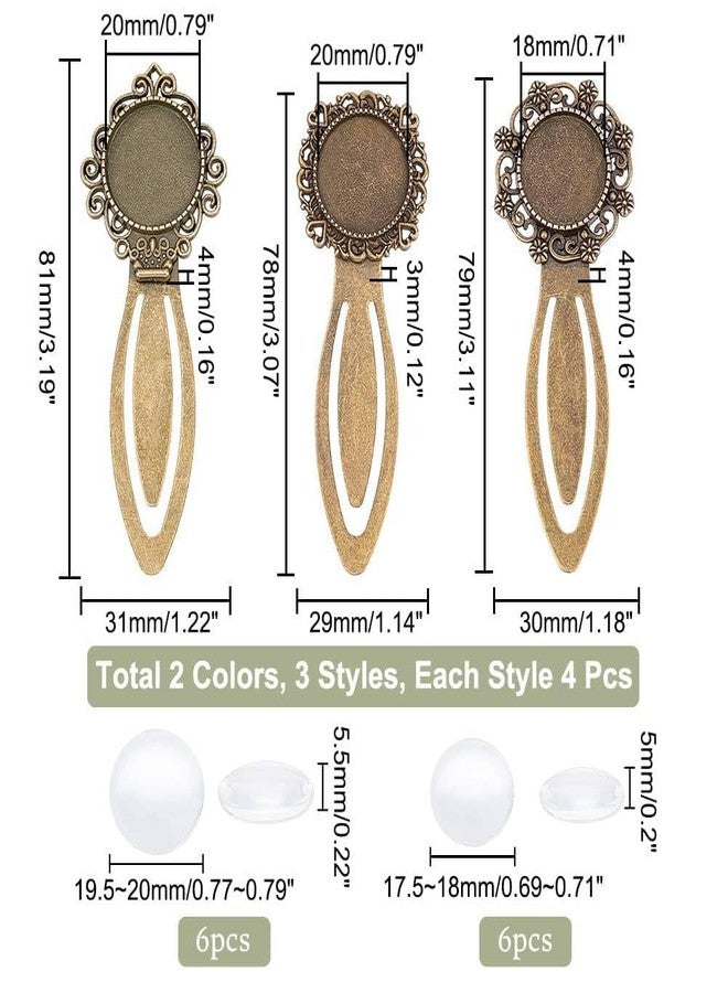 NBEADS 24 Pcs 3 Styles 2 Colors Bookmark Pendant Tray Kit, Including 12 Pcs Tibetan Style Bookmark Cabochon Settings 12 Pcs Dome Transparent Glass Cabochons for Reading Gift Crafting DIY Bookmark - Image 2