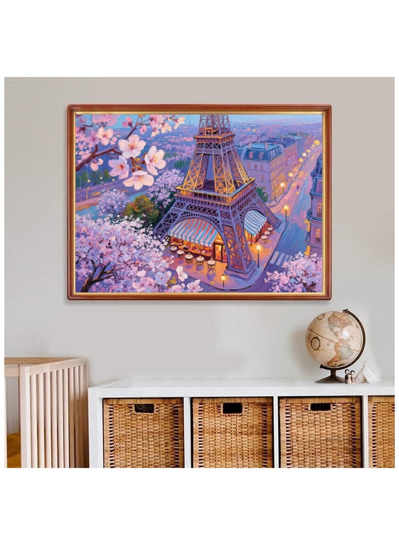 1000 قطعة من النفط اللوحة نمط برج باريس أزهار الكرز المناظر الطبيعية بانوراما - تجربة فنية ملونة - Image 3