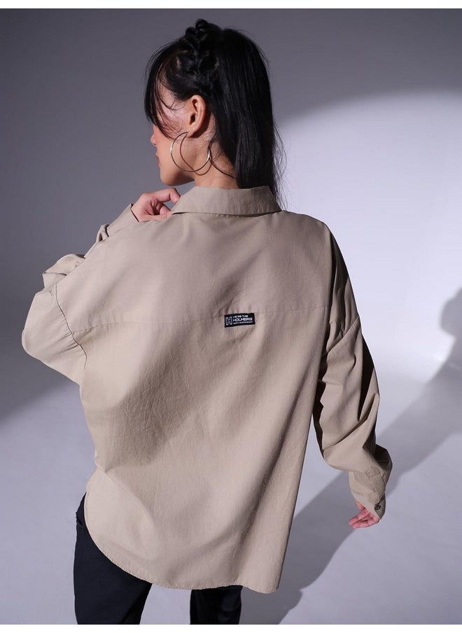 Hubberholme - Hubberholme Women Beige Oversized Cotton Shirts HHWSHS23066_BE_XXL - Image 1