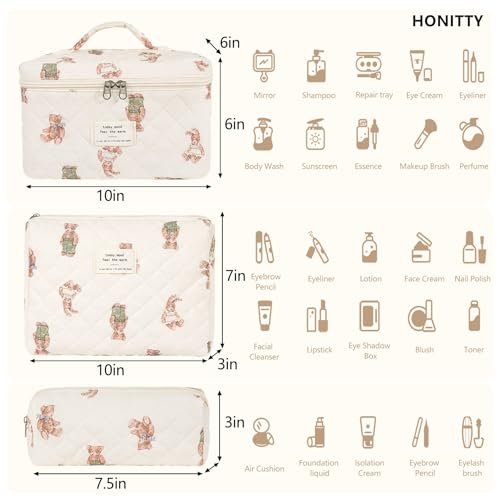 honitty Makeup Bag,Quilted Cosmetic Bag,Large Floral Make Up Bag for Women,Cotton Makeup Bag Set,Flower Travel Toiletry Bag - Image 2