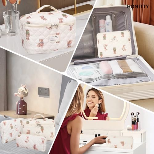 honitty Makeup Bag,Quilted Cosmetic Bag,Large Floral Make Up Bag for Women,Cotton Makeup Bag Set,Flower Travel Toiletry Bag - Image 5