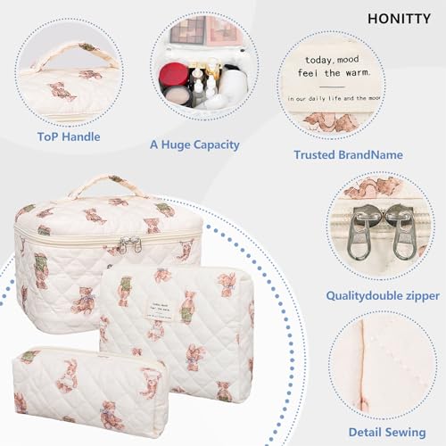 honitty Makeup Bag,Quilted Cosmetic Bag,Large Floral Make Up Bag for Women,Cotton Makeup Bag Set,Flower Travel Toiletry Bag - Image 3