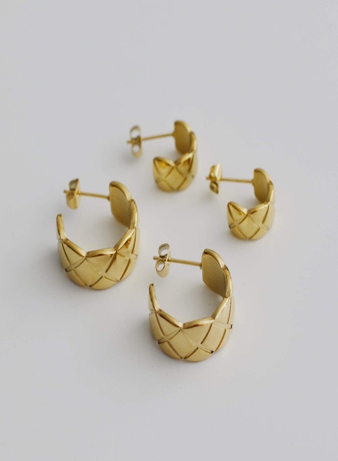 Shapes Studio 18K Gold Plated Crush Hoop Earrings, Women Jewelry, Minimalist Classy Quilted Vintage Huggie Hoops, Women Gift (Gold small) - Image 2
