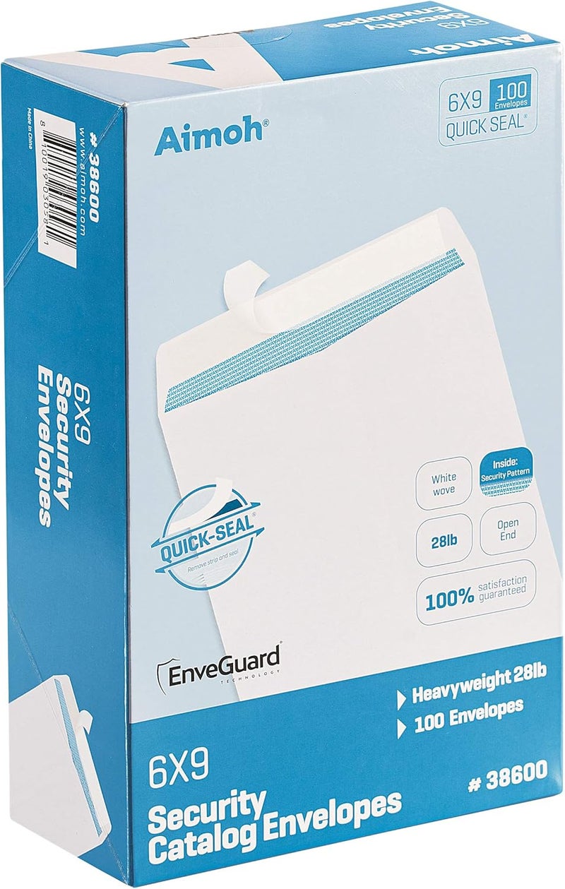 Aimoh 100 6 x 9 Self-Seal Security White Catalog Envelopes - 28lb, 100 Count, Security Tinted, Ultra Strong Quick-Seal, 6x9 inch (38600) - Image 1