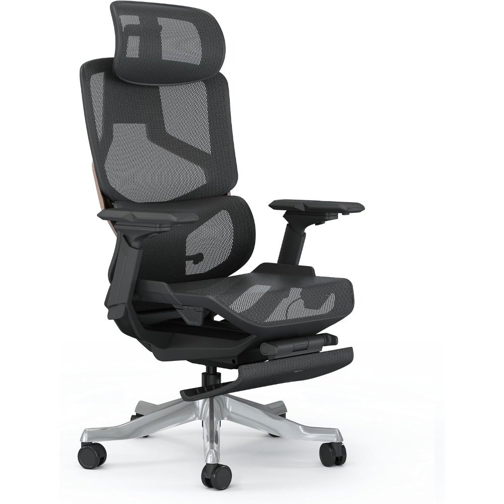 Ergonomic Office Chair - High-Back Mesh Design, 5D Armrests, Adjustable Lumbar Support and Footrest, Reclining and Seat Depth Adjustment - Executive Comfort for Long Work Hours