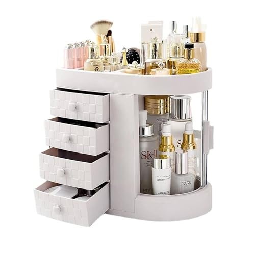 SIBY 360° Rotating Makeup Organizer Box with Drawers, Large Cosmetic Storage Case with Transparent Lid for Skincare, Perfume, Lipstick – Vanity Organizer for Women and Girls (White) - Image 1