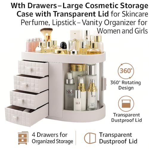 SIBY 360° Rotating Makeup Organizer Box with Drawers, Large Cosmetic Storage Case with Transparent Lid for Skincare, Perfume, Lipstick – Vanity Organizer for Women and Girls (White) - Image 3