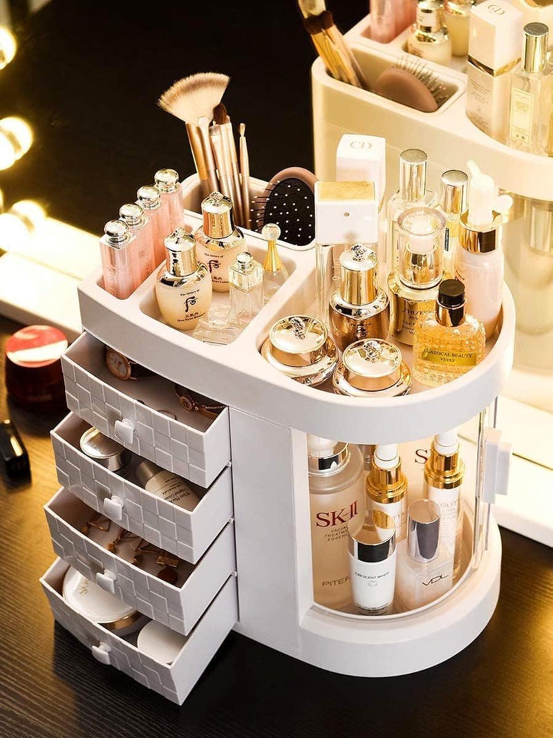 SIBY 360° Rotating Makeup Organizer Box with Drawers, Large Cosmetic Storage Case with Transparent Lid for Skincare, Perfume, Lipstick – Vanity Organizer for Women and Girls (White) - Image 4