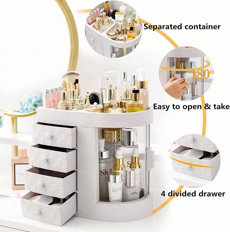 SIBY 360° Rotating Makeup Organizer Box with Drawers, Large Cosmetic Storage Case with Transparent Lid for Skincare, Perfume, Lipstick – Vanity Organizer for Women and Girls (White) - Image 5