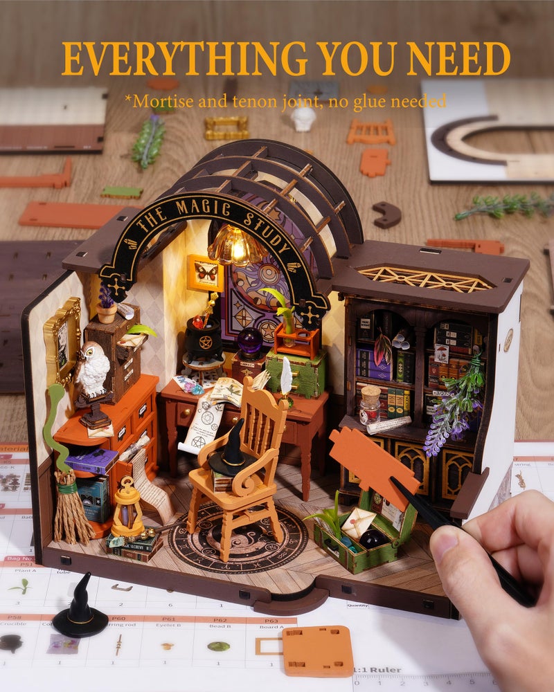 Rowood Magic Study Miniature House Kit, DIY Miniature Dollhouse Kits for Adults, Wizard Mini House Craft Kits for Women with LED, Halloween Christmas Birthday Gift for Adults (The Magic Study) - Image 5