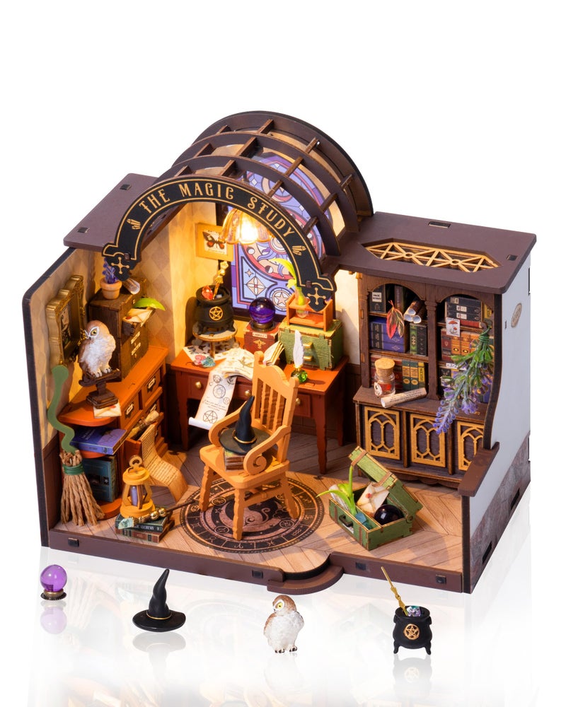 Rowood Magic Study Miniature House Kit, DIY Miniature Dollhouse Kits for Adults, Wizard Mini House Craft Kits for Women with LED, Halloween Christmas Birthday Gift for Adults (The Magic Study) - Image 1