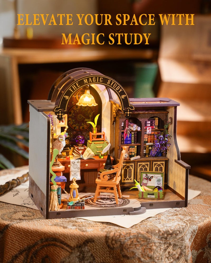 Rowood Magic Study Miniature House Kit, DIY Miniature Dollhouse Kits for Adults, Wizard Mini House Craft Kits for Women with LED, Halloween Christmas Birthday Gift for Adults (The Magic Study) - Image 4