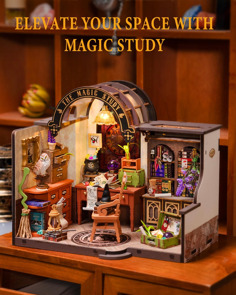 Rowood Magic Study Miniature House Kit, DIY Miniature Dollhouse Kits for Adults, Wizard Mini House Craft Kits for Women with LED, Halloween Christmas Birthday Gift for Adults (The Magic Study) - Image 3