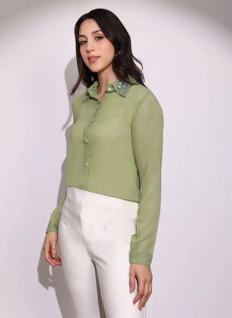 globus Globus Women Green Embellished Collar Cuffed Sleeves Curved Hem Georgette Sheer Party Shirt