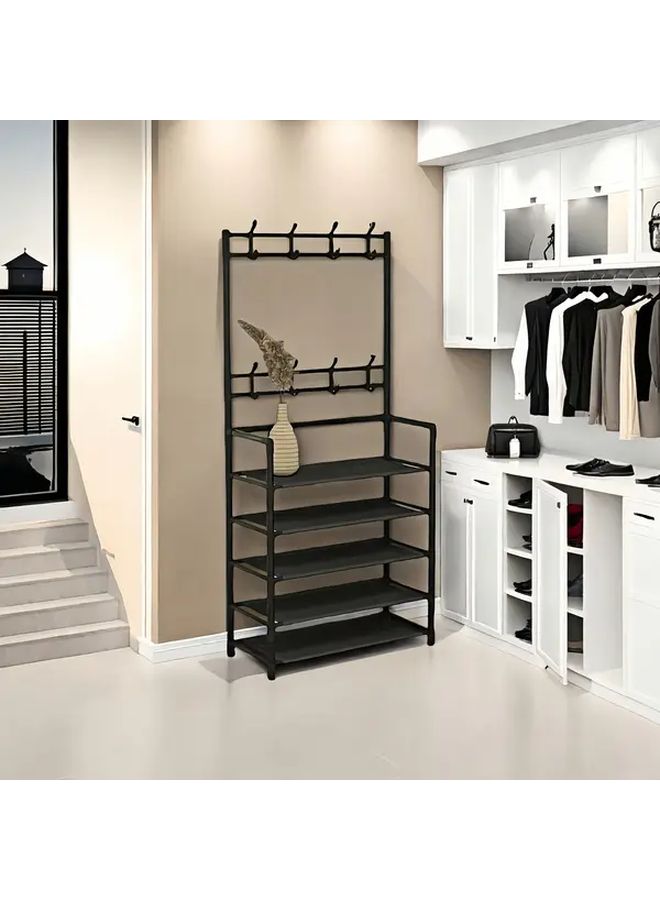 4 Tier Black Metal Organizer Rack With Hooks For Storage And Shoe Organization - Image 2