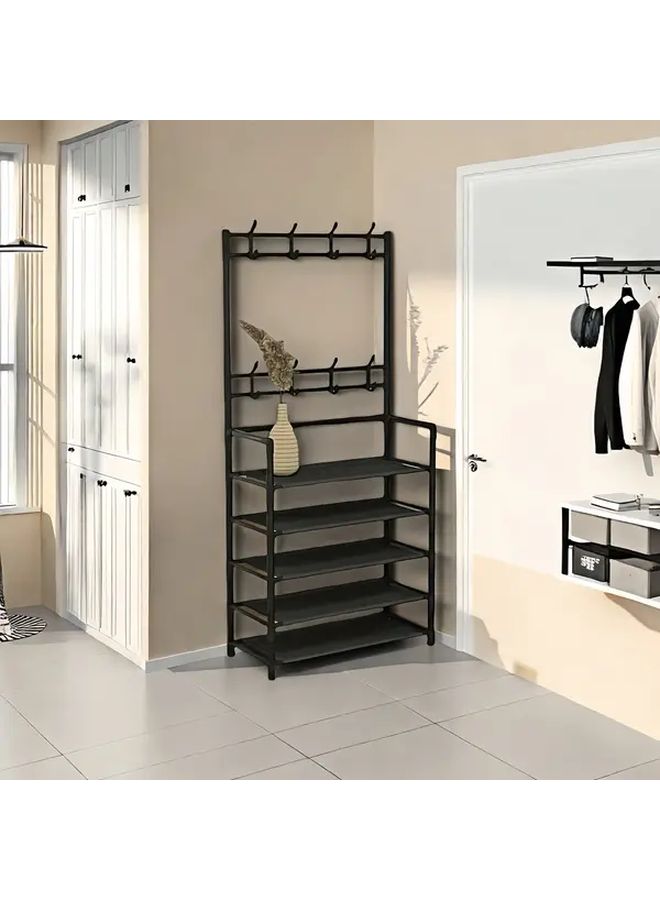 4 Tier Black Metal Organizer Rack With Hooks For Storage And Shoe Organization - Image 5