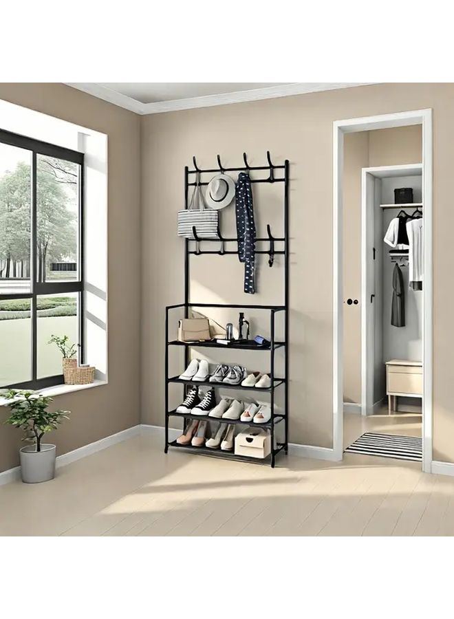 4 Tier Black Metal Organizer Rack With Hooks For Storage And Shoe Organization - Image 1