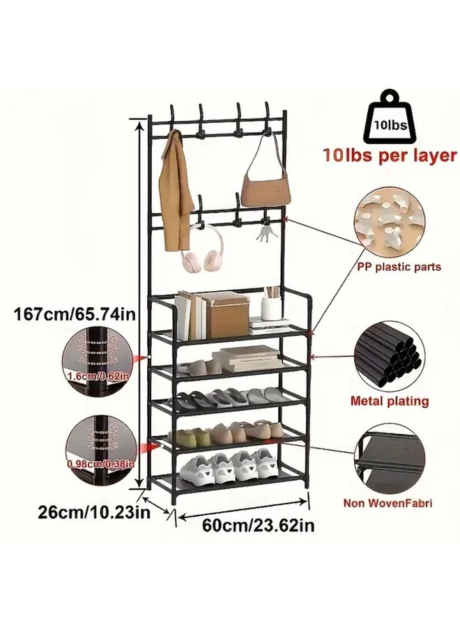 4 Tier Black Metal Organizer Rack With Hooks For Storage And Shoe Organization - Image 3