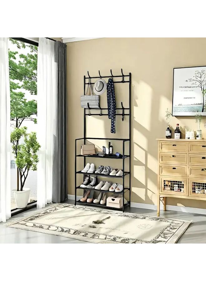 4 Tier Black Metal Organizer Rack With Hooks For Storage And Shoe Organization - Image 4