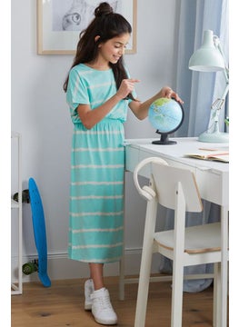 Tchibo Kids Girl Round Neck Short Sleeve Stripe Dress, Turquoise  - Image 1