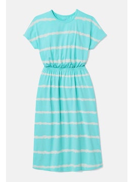 Tchibo Kids Girl Round Neck Short Sleeve Stripe Dress, Turquoise  - Image 2