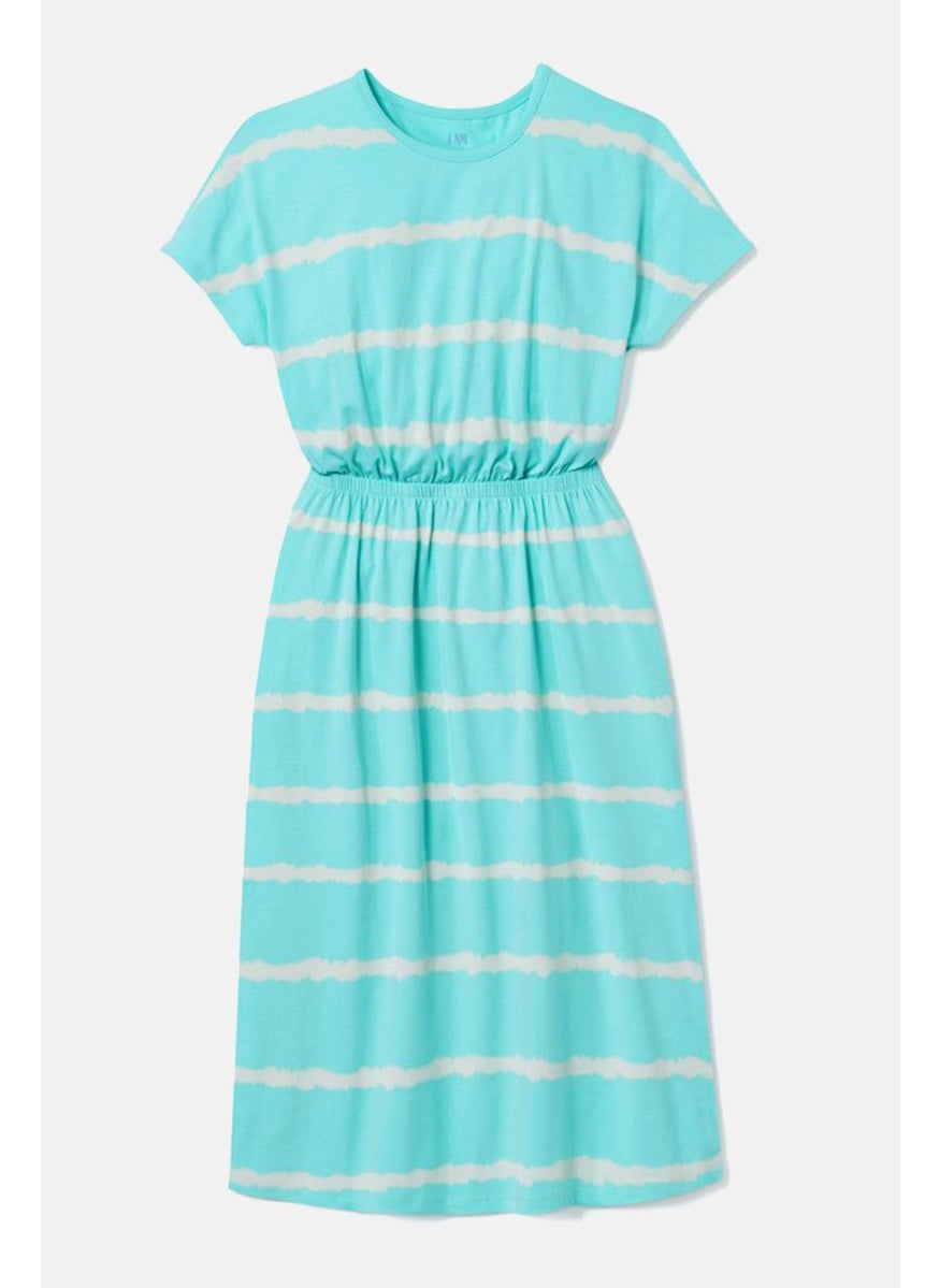 Tchibo Kids Girl Round Neck Short Sleeve Stripe Dress, Turquoise  - Image 2