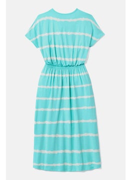 Tchibo Kids Girl Round Neck Short Sleeve Stripe Dress, Turquoise  - Image 3