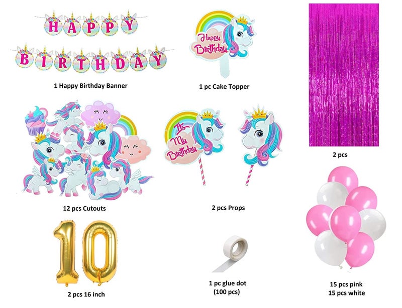 FI - FLICK IN 51 pcs 10th Birthday Decoration for Girls Kit Unicorn Theme Bday Decorations Items Pink Curtain Unicorn Cutouts 10th Birthday Decoration for Baby Girl (Pack of 51,Pink & White) - Image 2