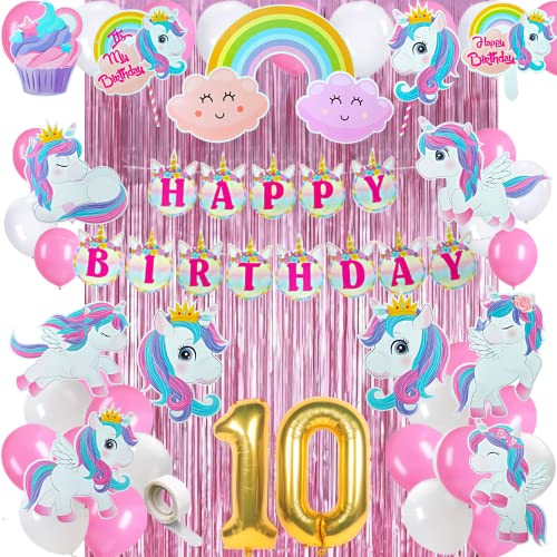 FI - FLICK IN 51 pcs 10th Birthday Decoration for Girls Kit Unicorn Theme Bday Decorations Items Pink Curtain Unicorn Cutouts 10th Birthday Decoration for Baby Girl (Pack of 51,Pink & White) - Image 1