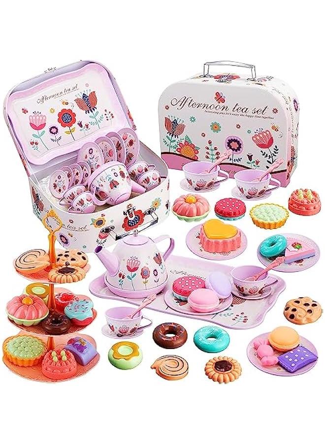 FYLX Tea Set for Little Girls 46PCS Pretend Tin Teapot Set Princess Tea Time Pretend Kitchen Toy with Biscuits Teapot Cake Dessert Carrying Case Donut for Kids Girls Boys Age 36 - Image 1