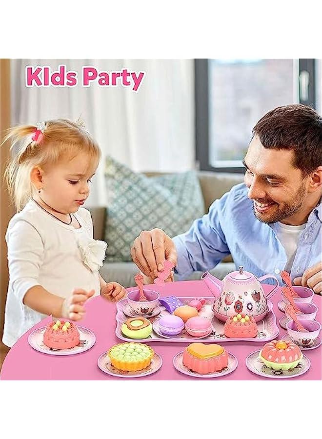 FYLX Tea Set for Little Girls 46PCS Pretend Tin Teapot Set Princess Tea Time Pretend Kitchen Toy with Biscuits Teapot Cake Dessert Carrying Case Donut for Kids Girls Boys Age 36 - Image 2