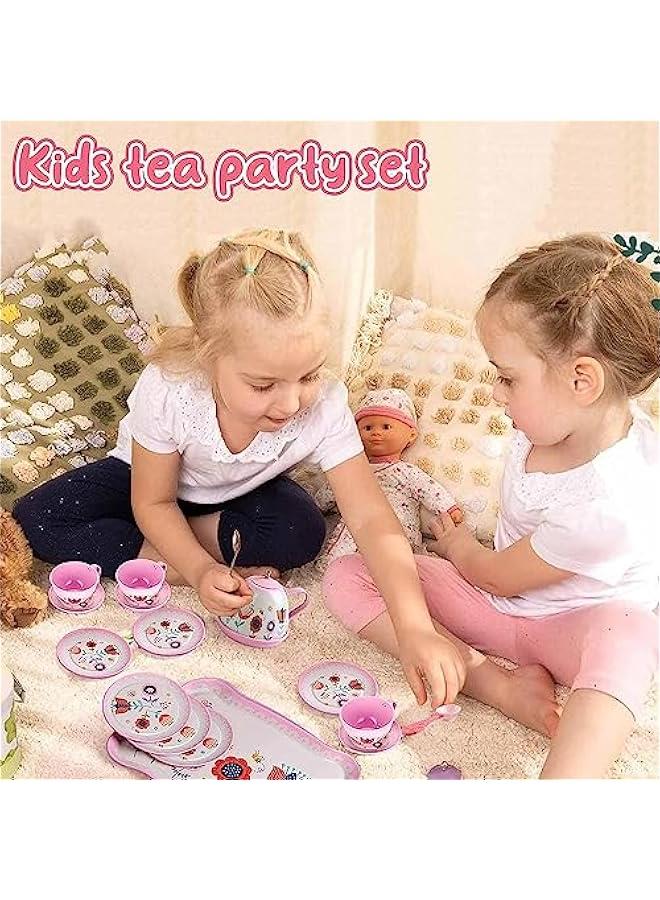 FYLX Tea Set for Little Girls 46PCS Pretend Tin Teapot Set Princess Tea Time Pretend Kitchen Toy with Biscuits Teapot Cake Dessert Carrying Case Donut for Kids Girls Boys Age 36 - Image 3