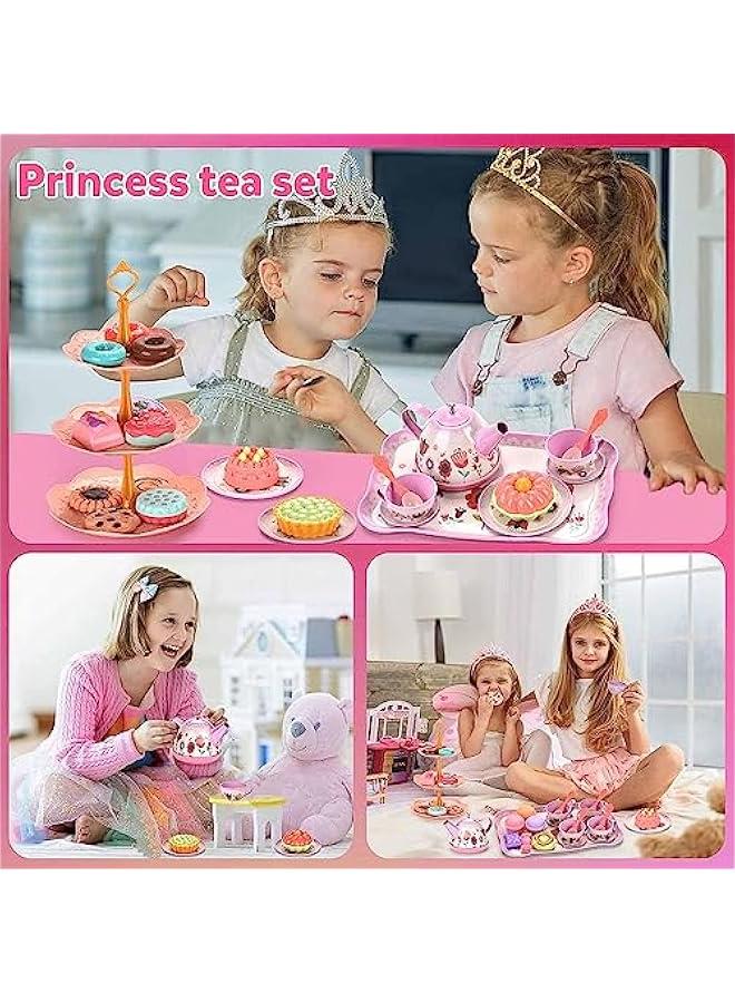 FYLX Tea Set for Little Girls 46PCS Pretend Tin Teapot Set Princess Tea Time Pretend Kitchen Toy with Biscuits Teapot Cake Dessert Carrying Case Donut for Kids Girls Boys Age 36 - Image 4