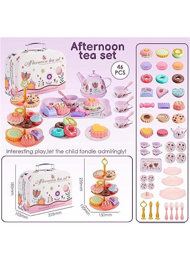 FYLX Tea Set for Little Girls 46PCS Pretend Tin Teapot Set Princess Tea Time Pretend Kitchen Toy with Biscuits Teapot Cake Dessert Carrying Case Donut for Kids Girls Boys Age 36 - Image 5